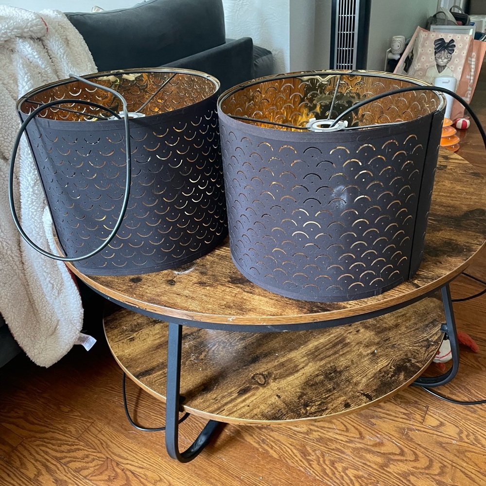 Black hanging IKEA lamps.